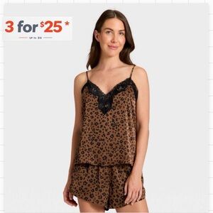 Auden Leopard Lace Trim Satin Pajama Tank Top XS black & brown